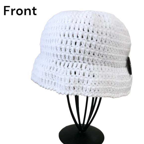 Brand New Handmade Crochet White Bucket Hat with a Nice Accent Black Button - Picture 2 of 5